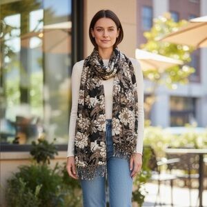 Isaac Mizrahi Live Floral Rayon Fringe Scarf Black Taupe Cream One Size